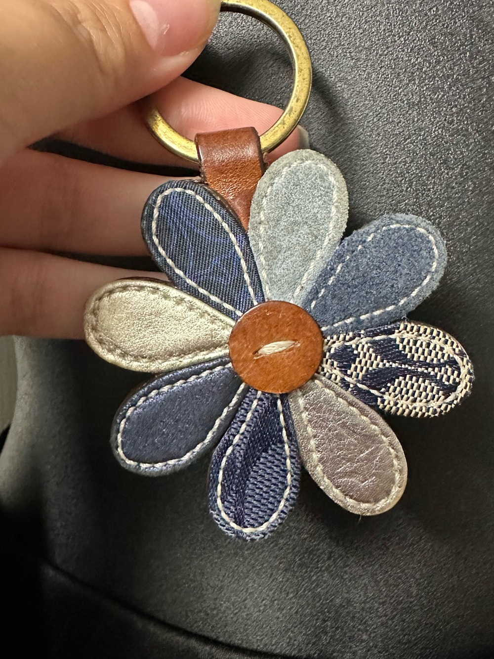 Coach Floral Patchwork Keyring - Blue, Tan & Silver